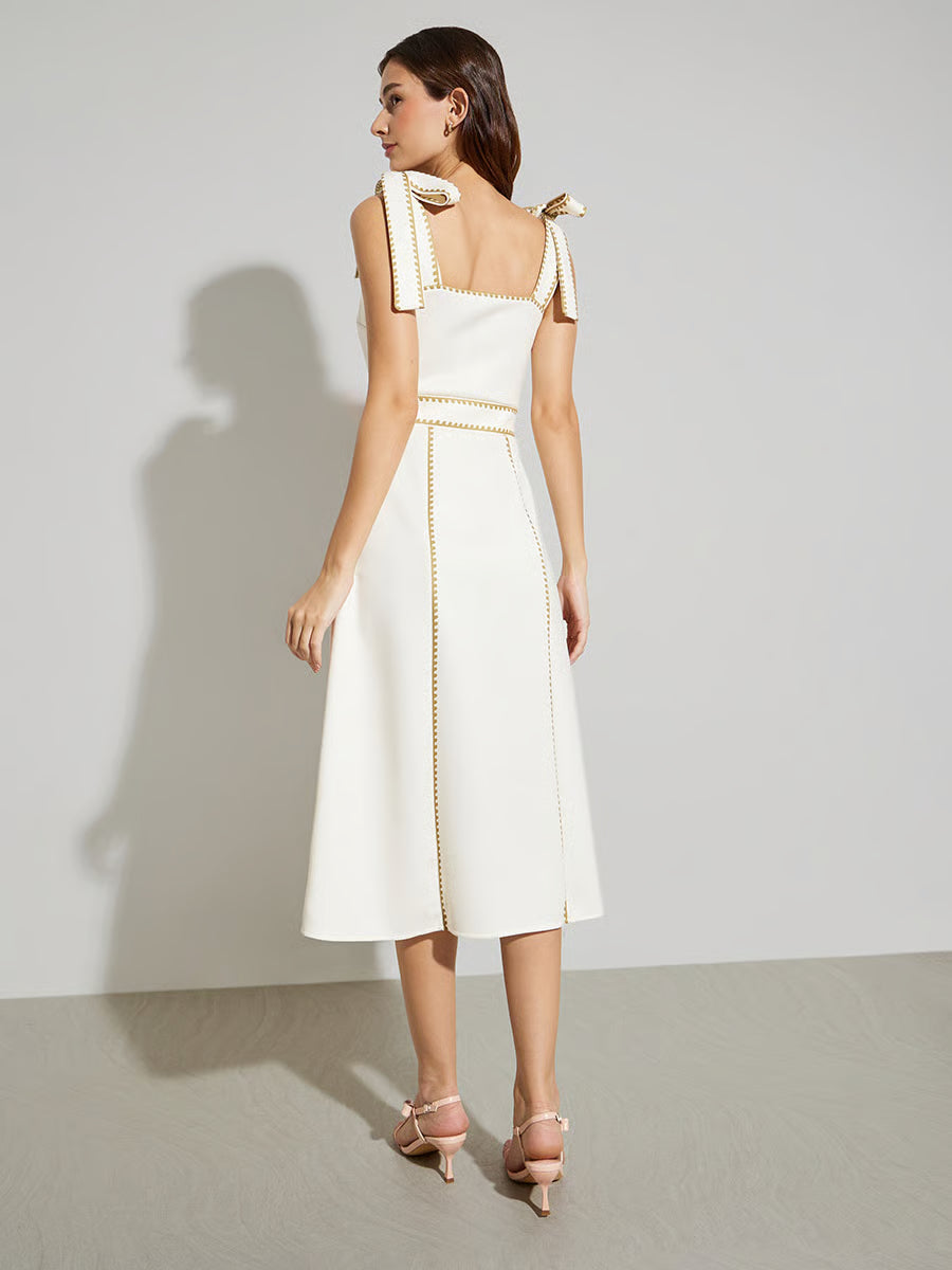 White Floral Midi Dress with Tie-Strap