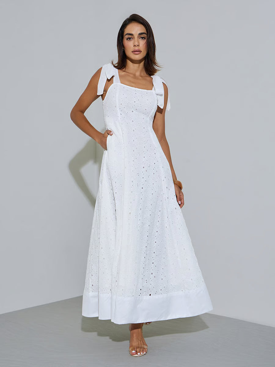 White Cotton Schiffli A-Line Maxi Dress with Tie-Strap