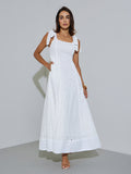 White Cotton Schiffli A-Line Maxi Dress with Tie-Strap