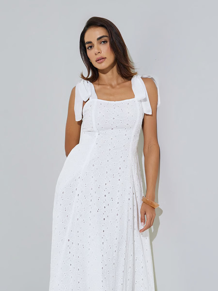 White Cotton Schiffli A-Line Maxi Dress with Tie-Strap