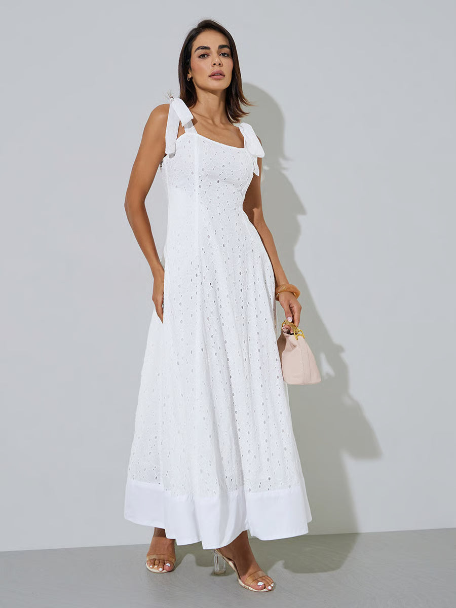 White Cotton Schiffli A-Line Maxi Dress with Tie-Strap