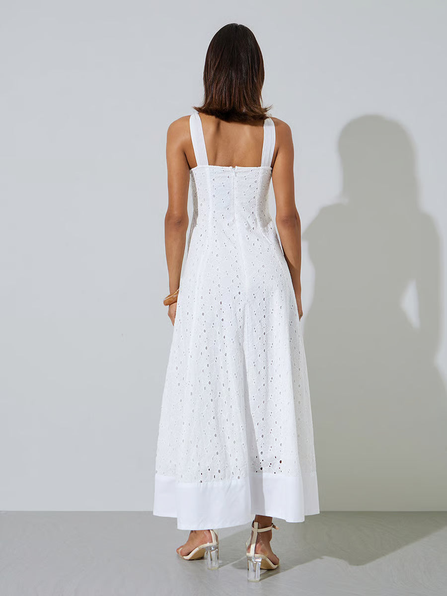 White Cotton Schiffli A-Line Maxi Dress with Tie-Strap