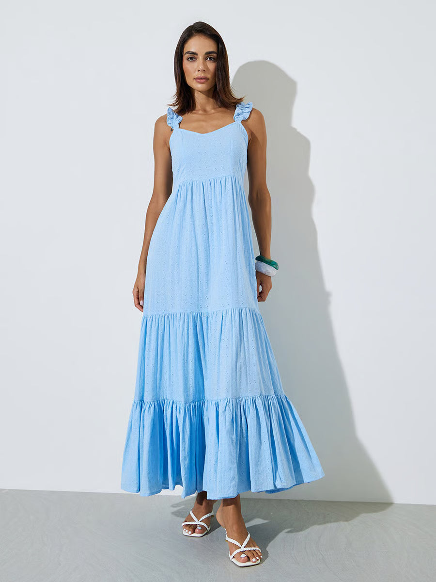 Blue Ruffle Strap Schiffli Tiered Maxi Dress