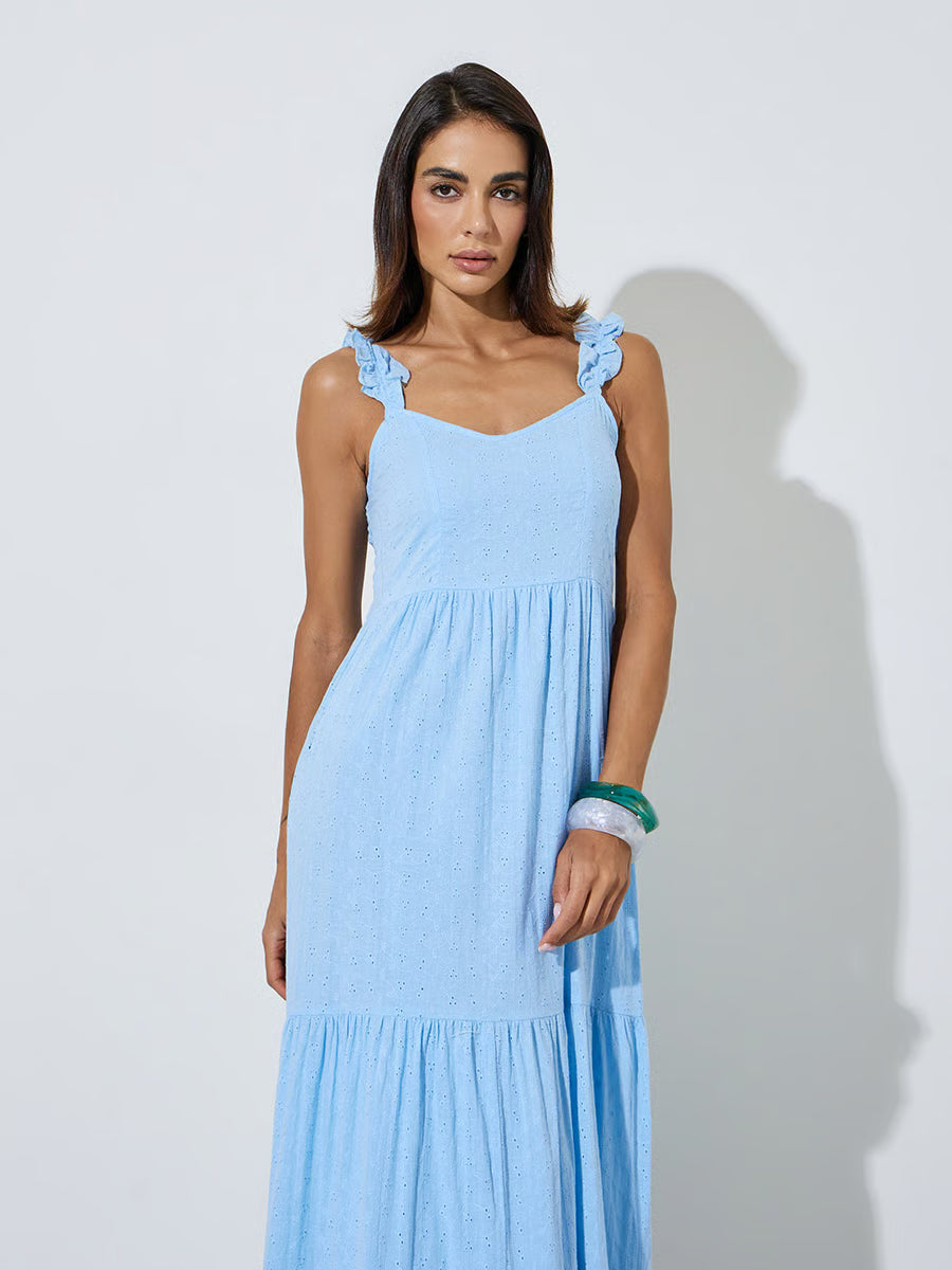 Blue Ruffle Strap Schiffli Tiered Maxi Dress