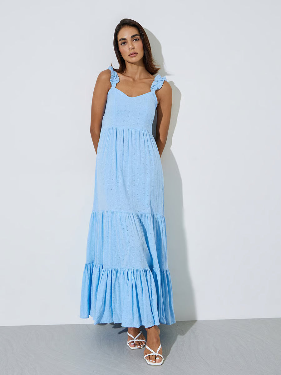 Blue Ruffle Strap Schiffli Tiered Maxi Dress