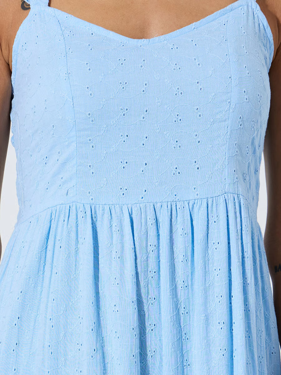 Blue Ruffle Strap Schiffli Tiered Maxi Dress