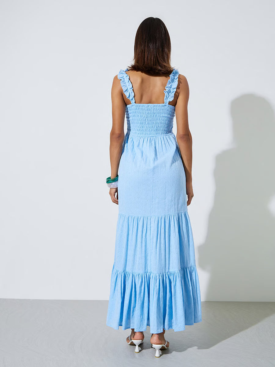 Blue Ruffle Strap Schiffli Tiered Maxi Dress