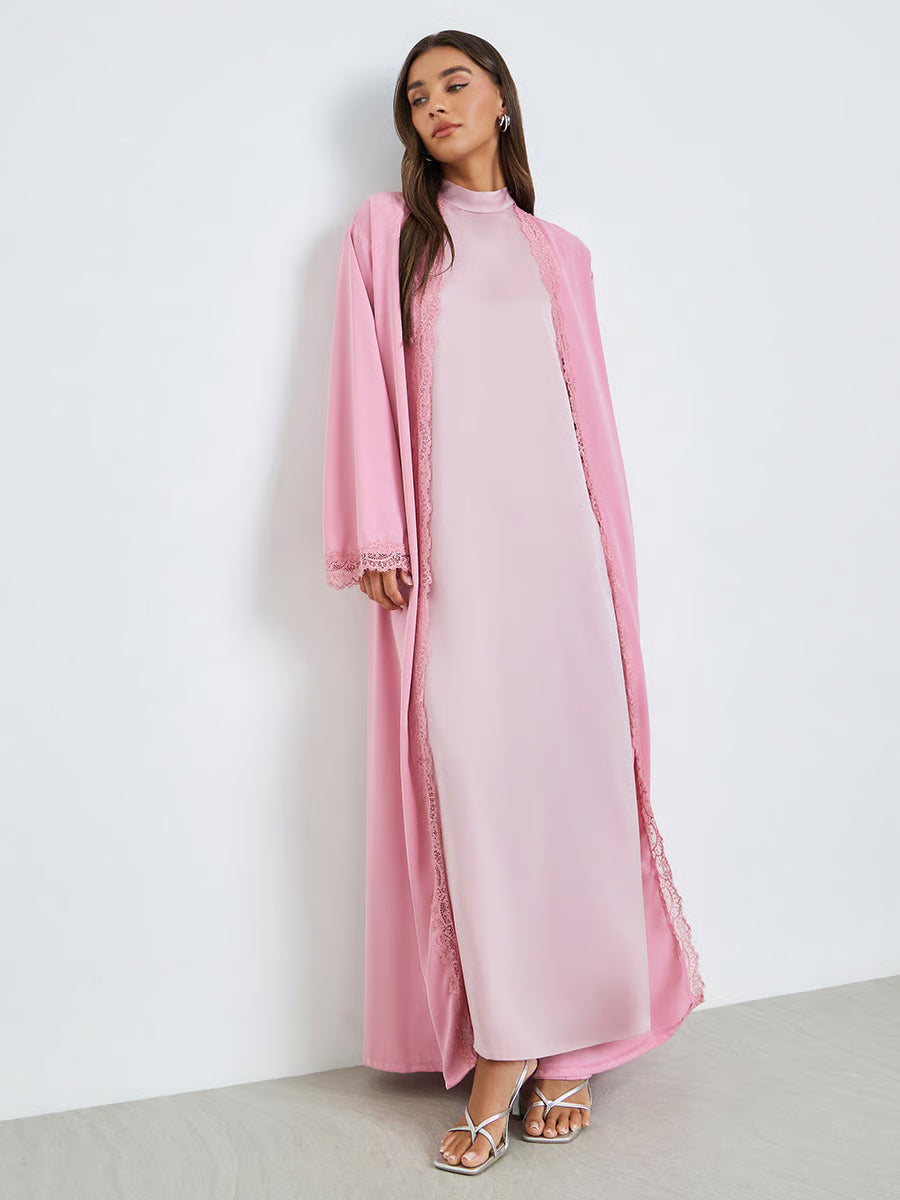 Pink Front Open Abaya with Lace Trim