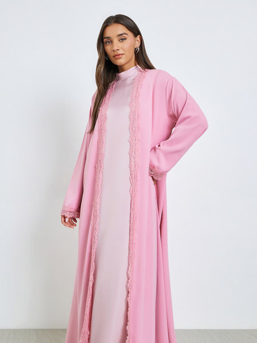 Pink Front Open Abaya with Lace Trim