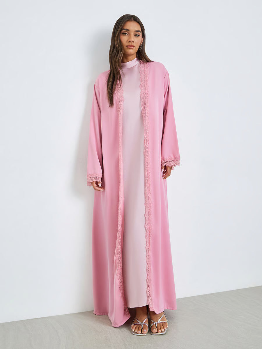 Pink Front Open Abaya with Lace Trim