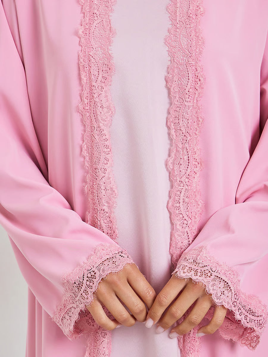 Pink Front Open Abaya with Lace Trim