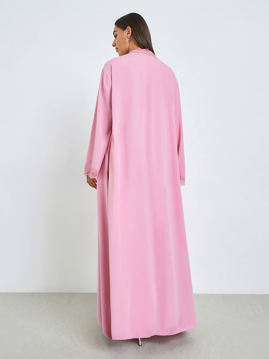 Pink Front Open Abaya with Lace Trim