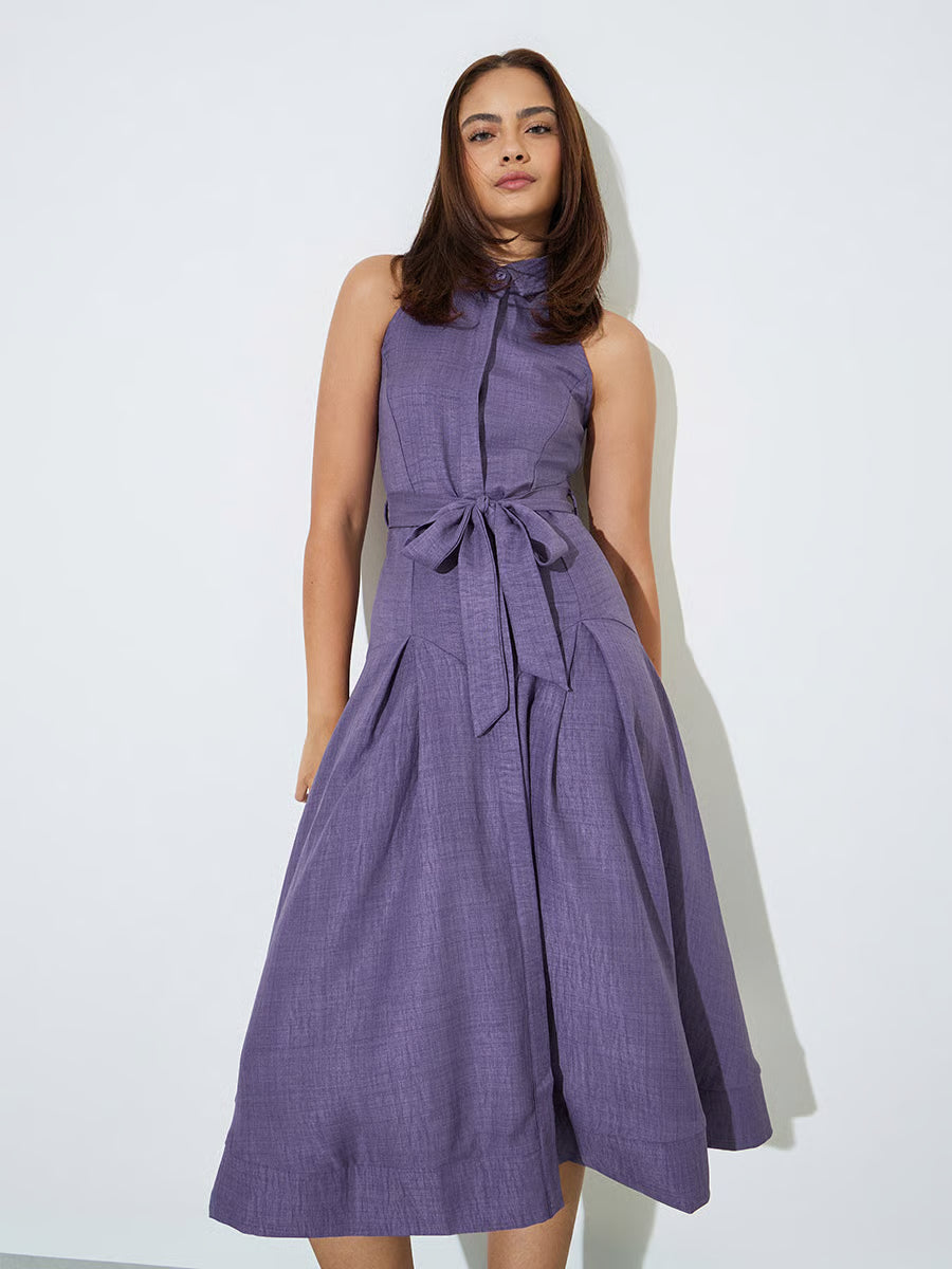 Purple Sleeveless Shirt Midi Dress with Tie-Belt