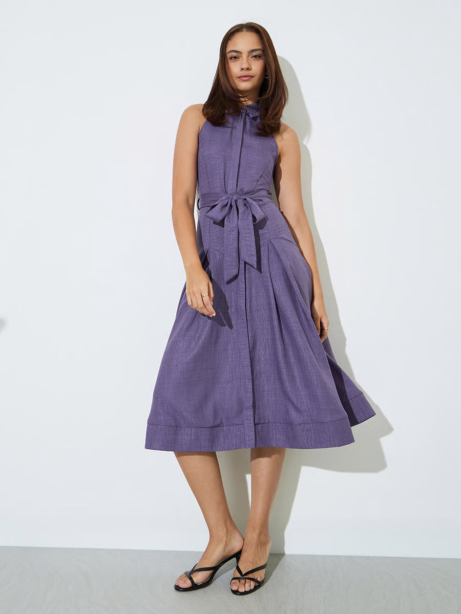 Purple Sleeveless Shirt Midi Dress with Tie-Belt