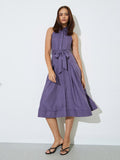 Purple Sleeveless Shirt Midi Dress with Tie-Belt