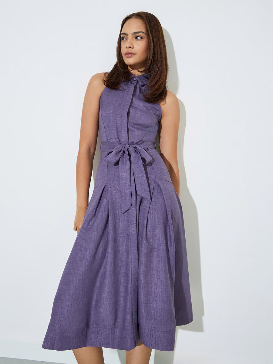 Purple Sleeveless Shirt Midi Dress with Tie-Belt