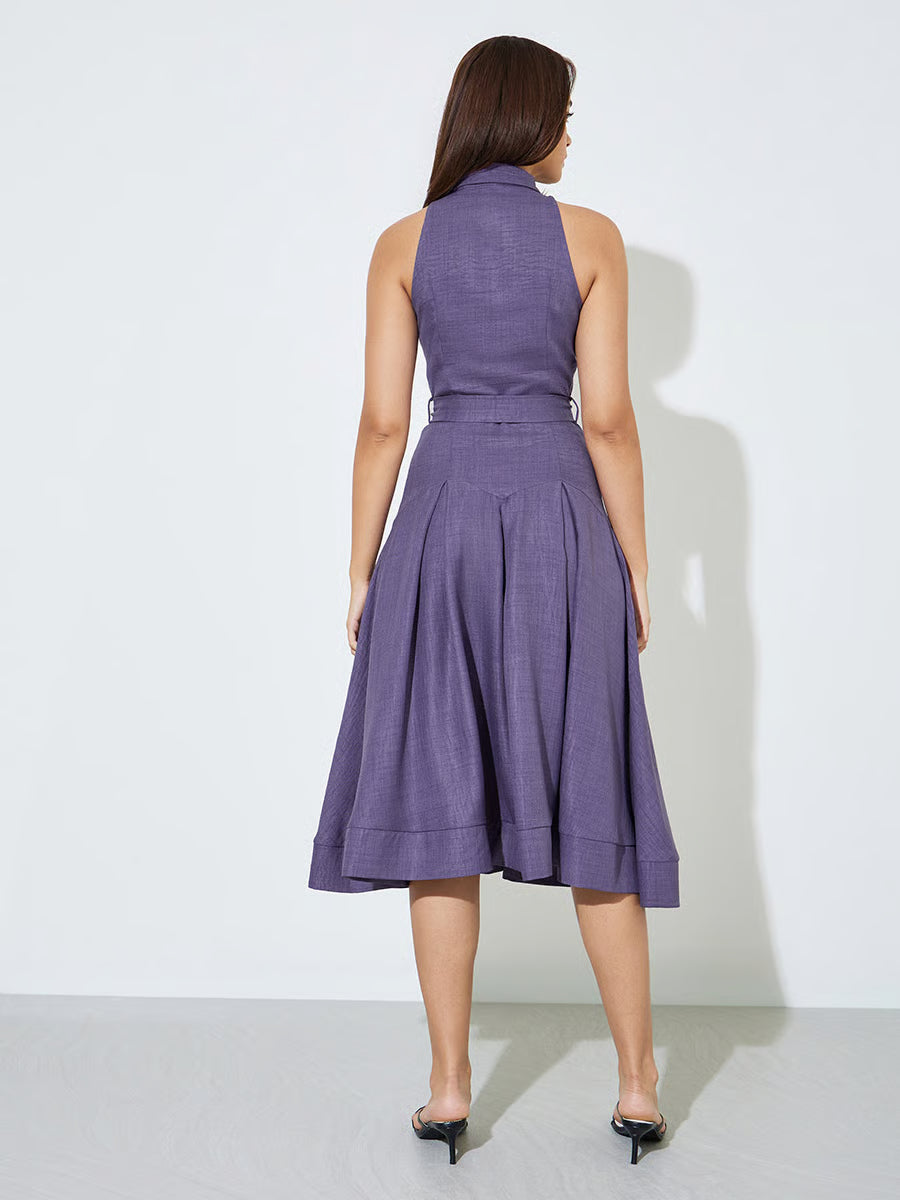 Purple Sleeveless Shirt Midi Dress with Tie-Belt