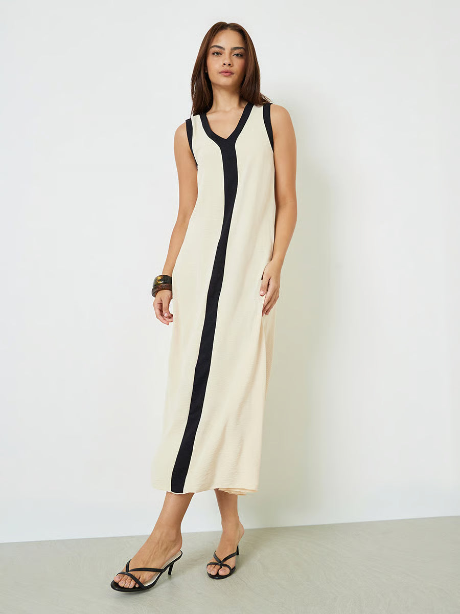 Beige Contrast Trim V Neck Maxi Dress