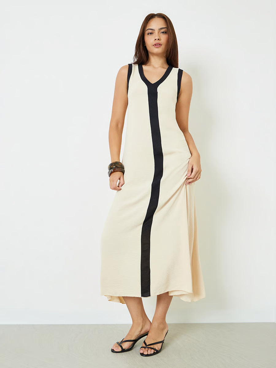 Beige Contrast Trim V Neck Maxi Dress