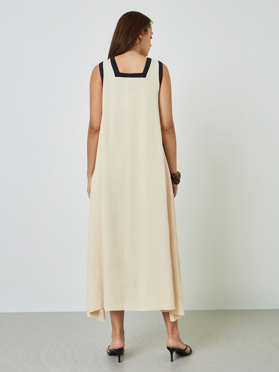 Beige Contrast Trim V Neck Maxi Dress