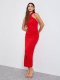 Red Halter Neck Maxi Dress with Front Slit