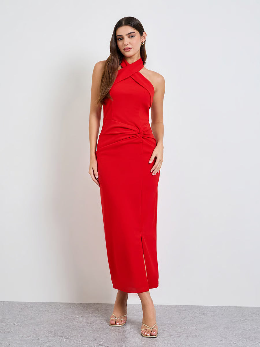 Red Halter Neck Maxi Dress with Front Slit