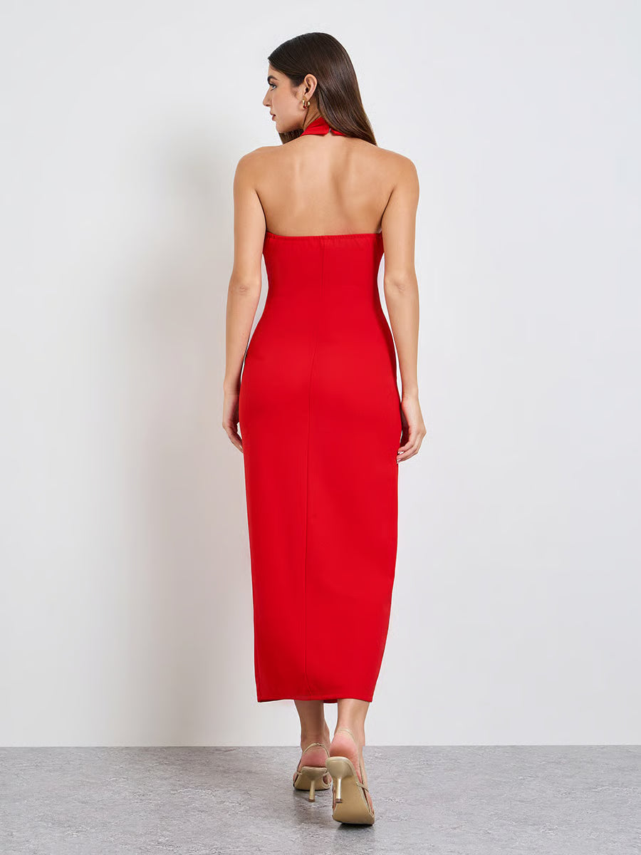 Red Halter Neck Maxi Dress with Front Slit