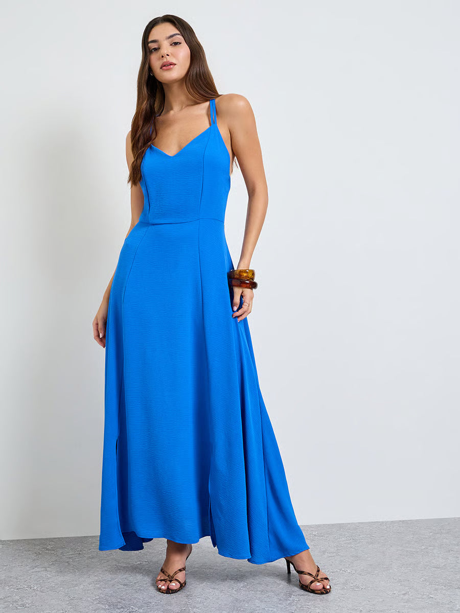 Blue Strappy A-Line Maxi Dress
