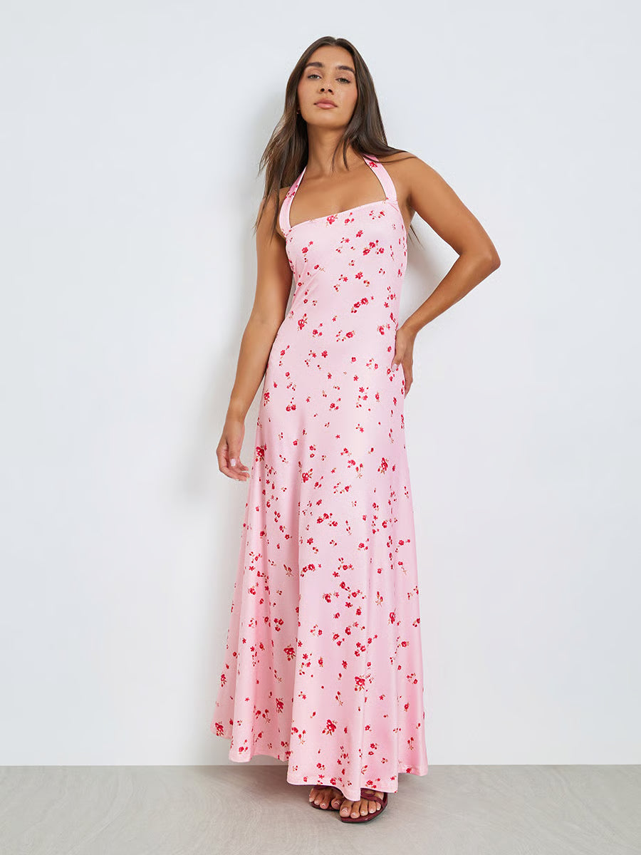 Pink Floral Halter Neck Maxi Dress