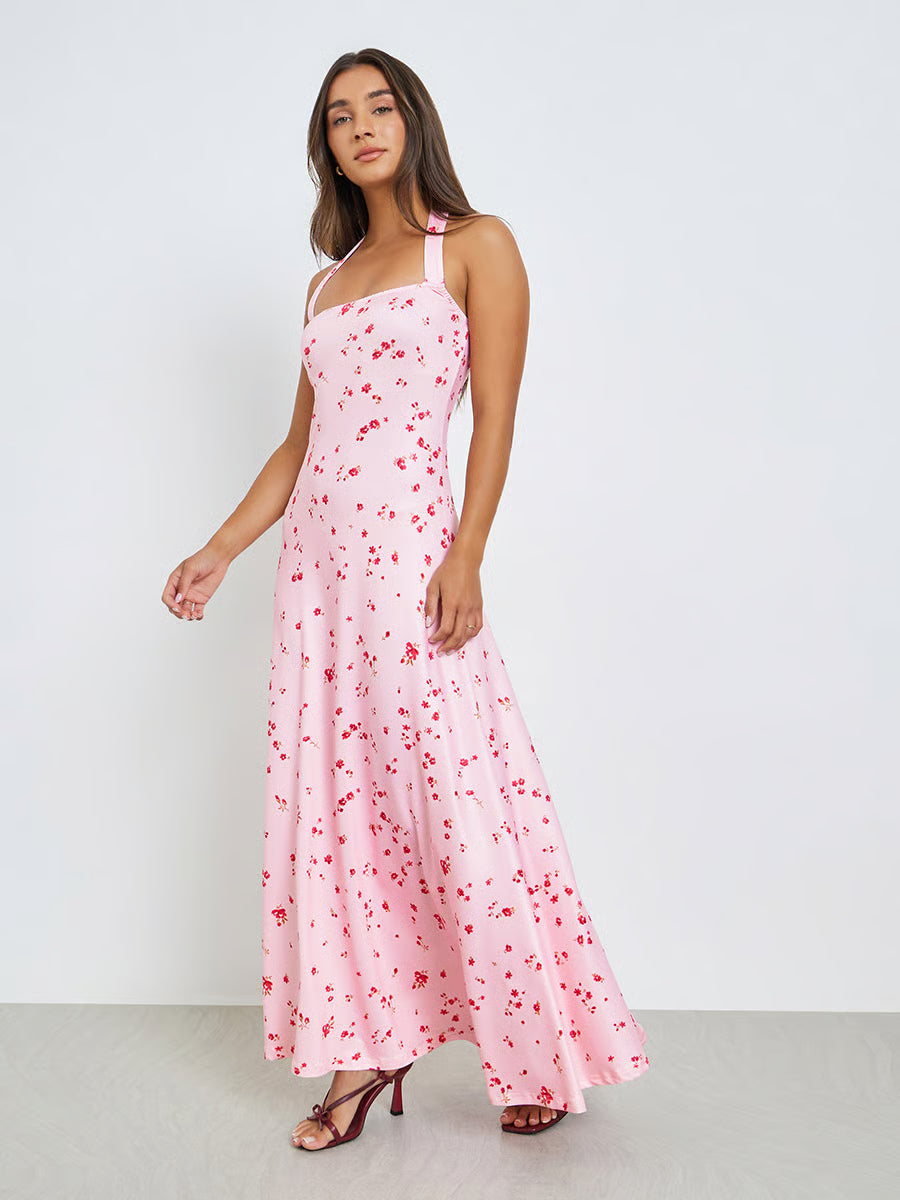 Pink Floral Halter Neck Maxi Dress