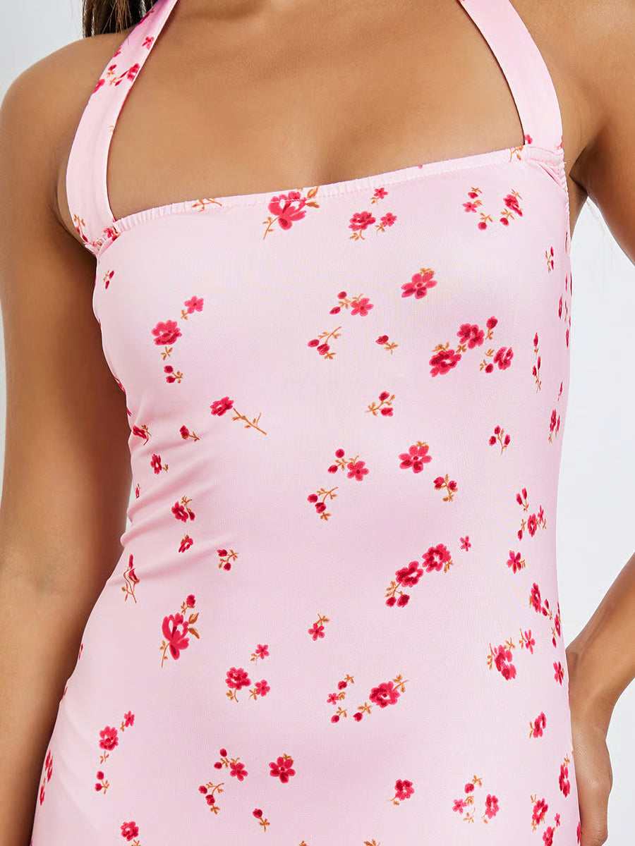 Pink Floral Halter Neck Maxi Dress