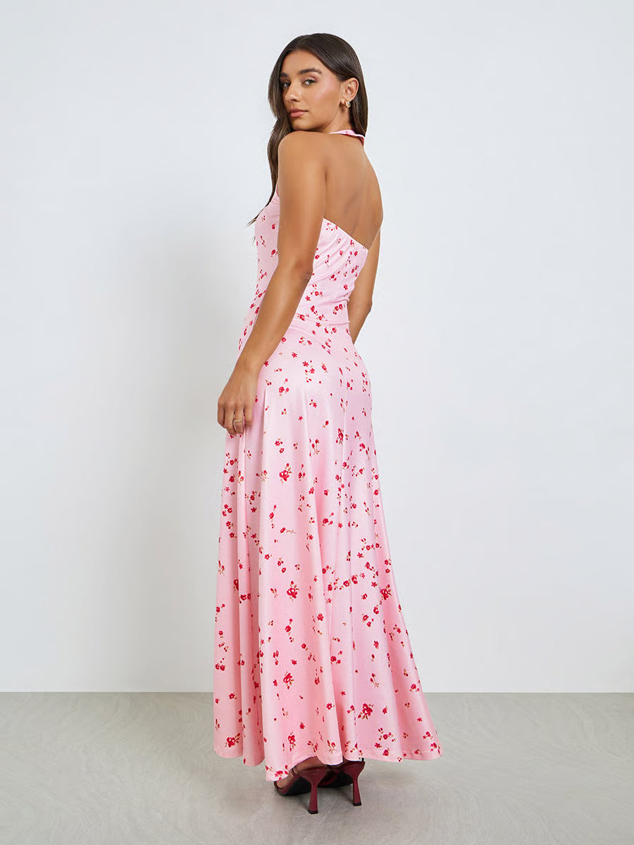 Pink Floral Halter Neck Maxi Dress