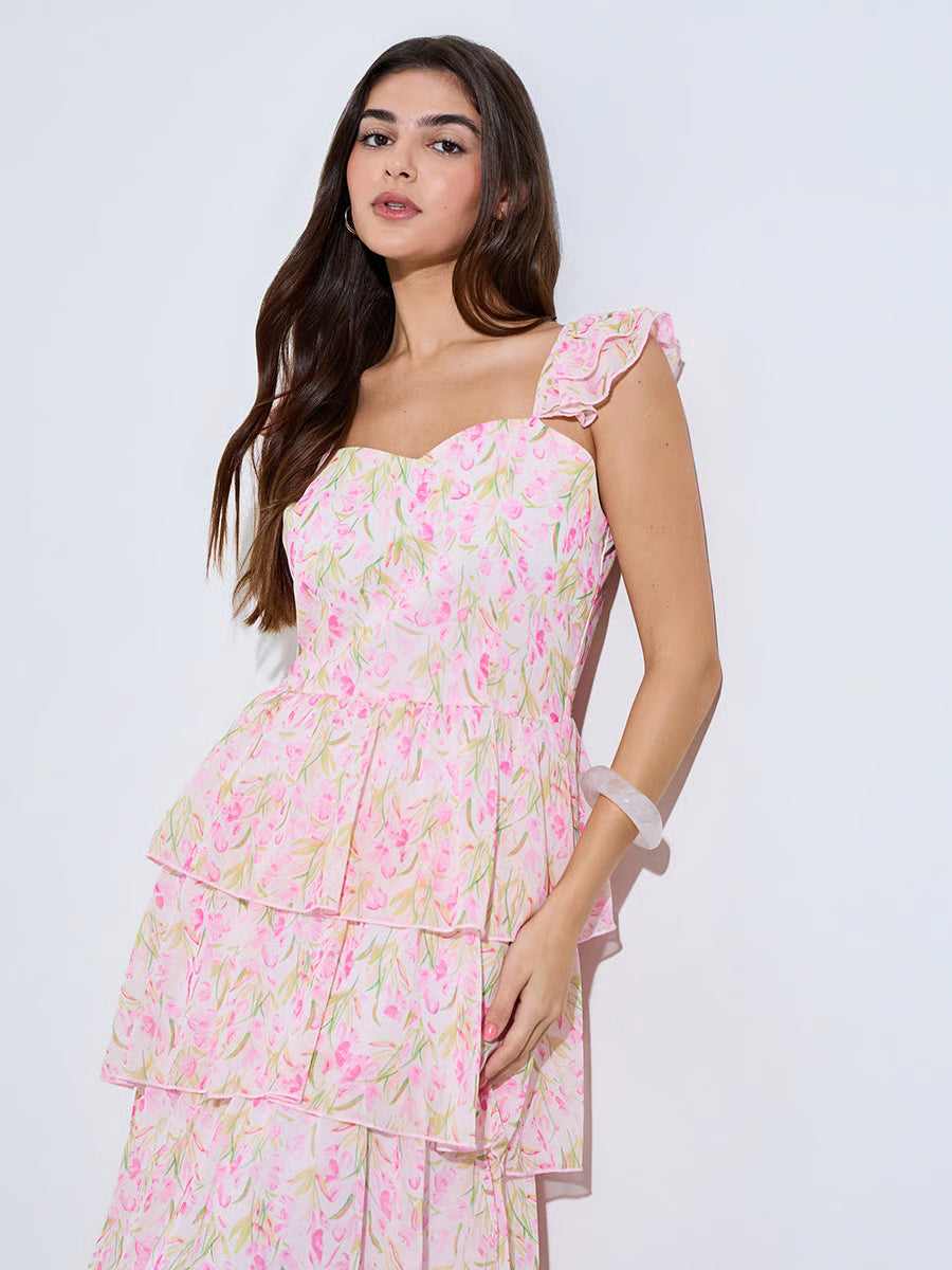 Pink Floral Print Layered Maxi Dress
