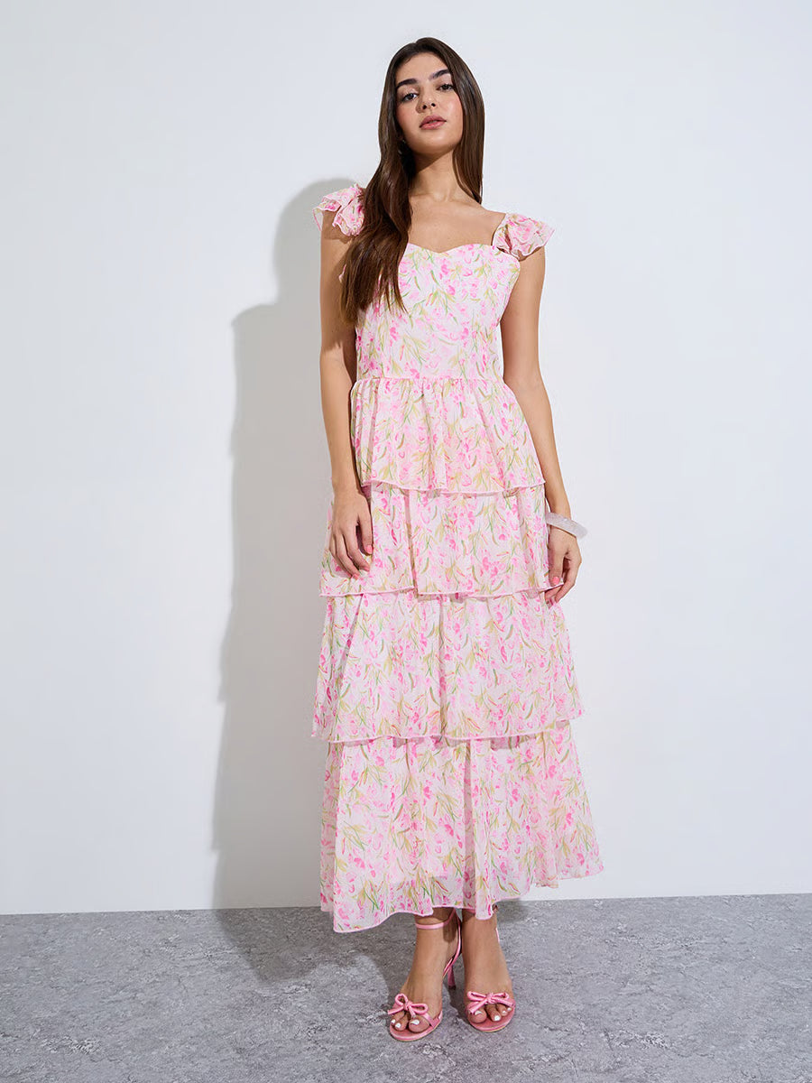 Pink Floral Print Layered Maxi Dress