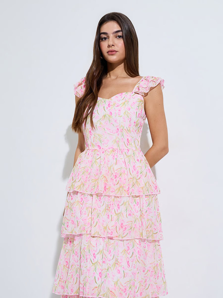 Pink Floral Print Layered Maxi Dress