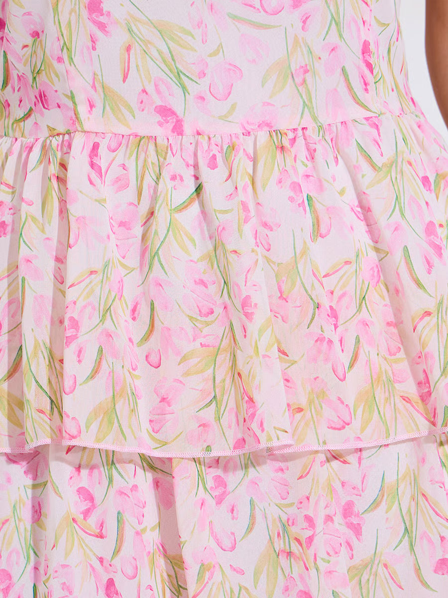 Pink Floral Print Layered Maxi Dress