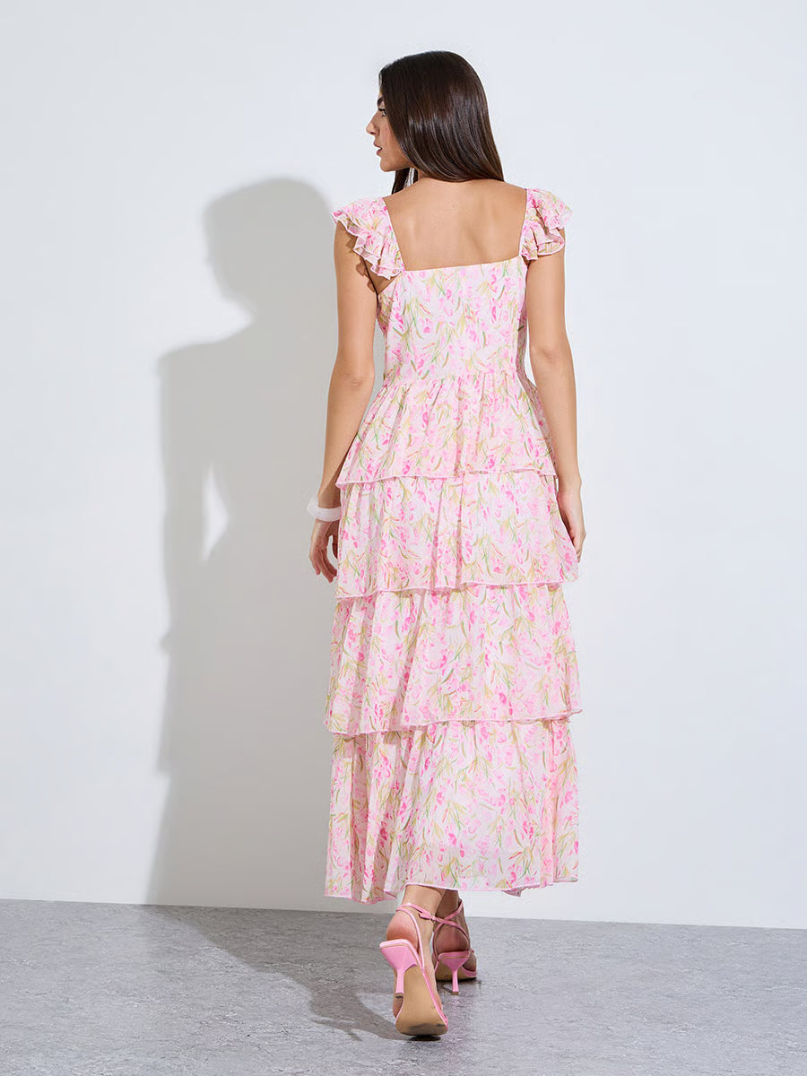 Pink Floral Print Layered Maxi Dress