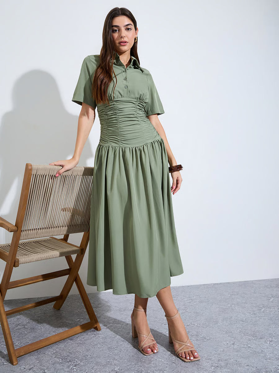 Green Gathered Casual Shirt Midi Dress