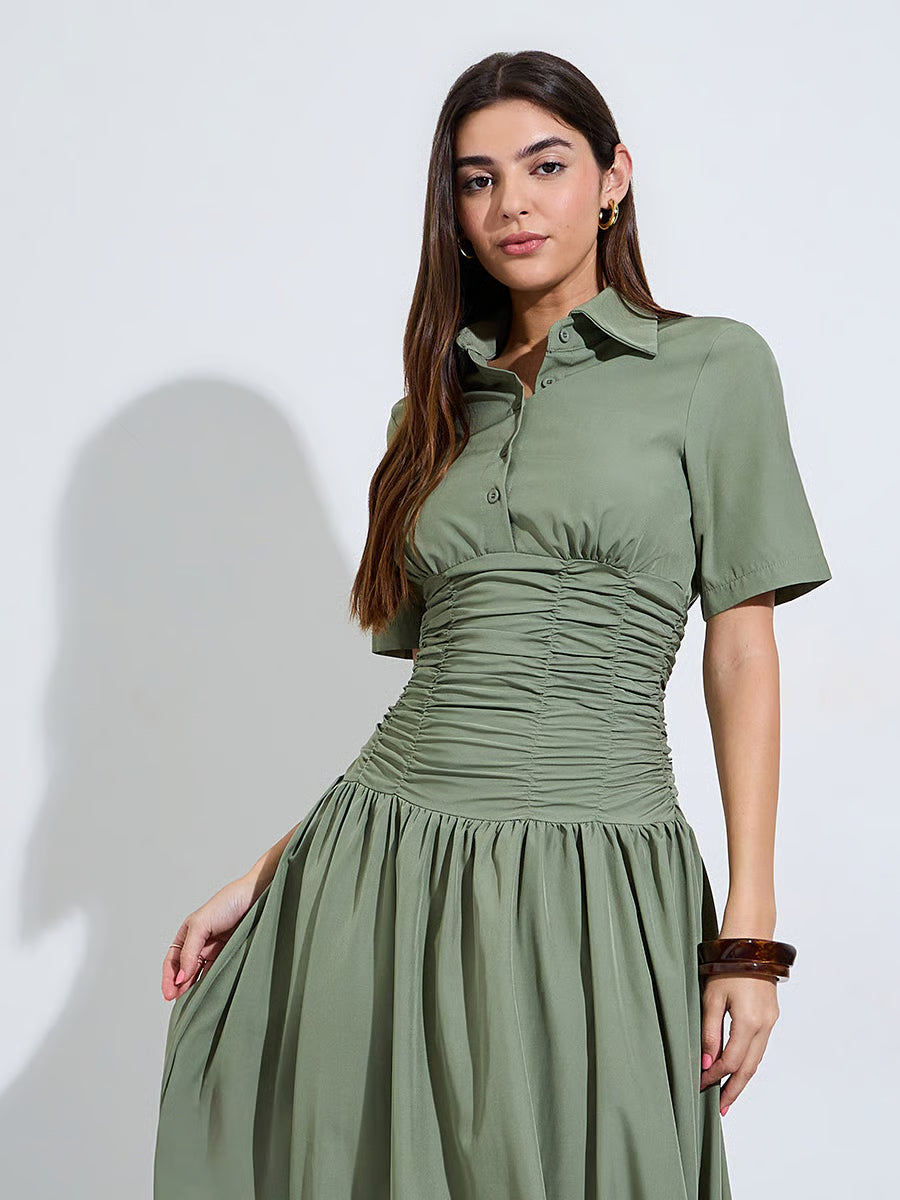 Green Gathered Casual Shirt Midi Dress
