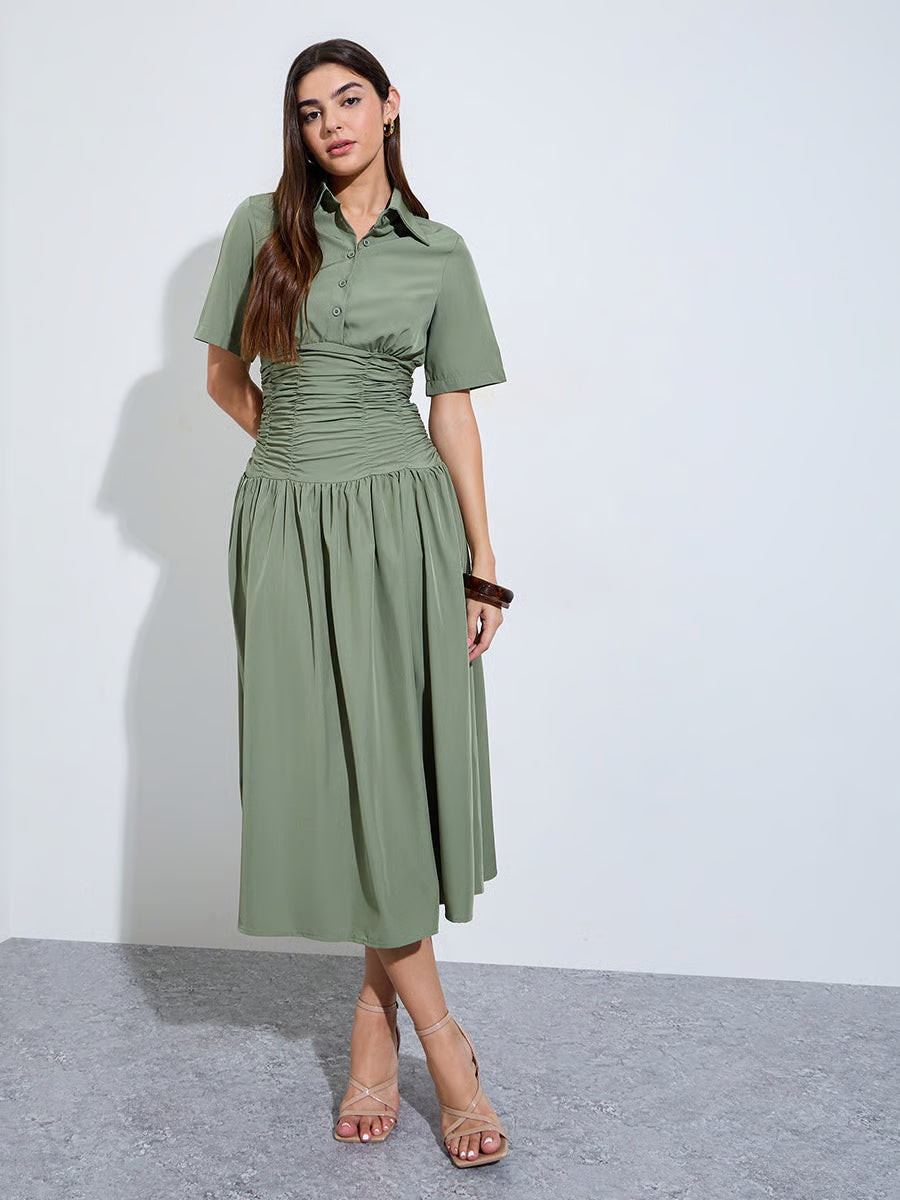 Green Gathered Casual Shirt Midi Dress