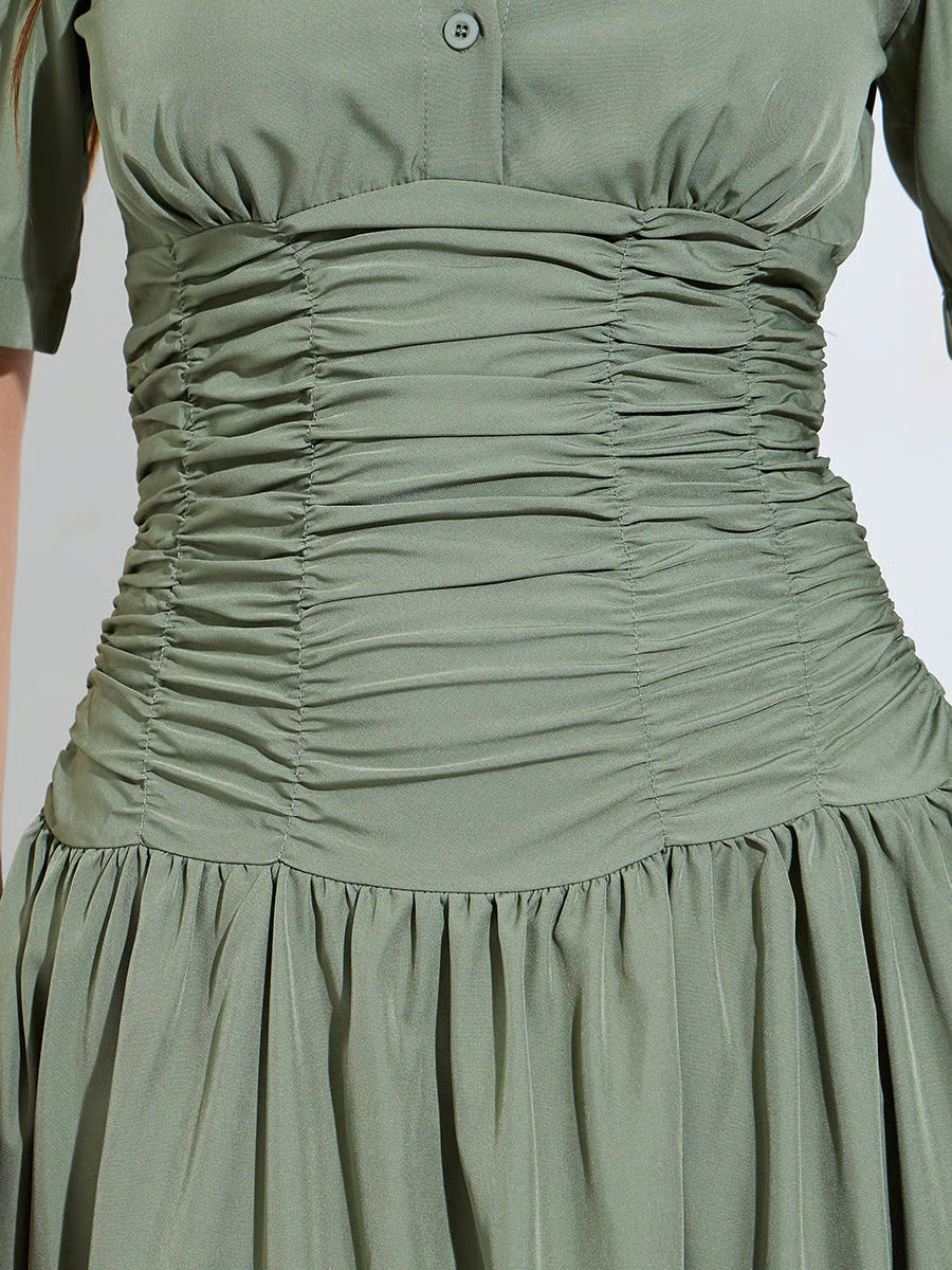 Green Gathered Casual Shirt Midi Dress