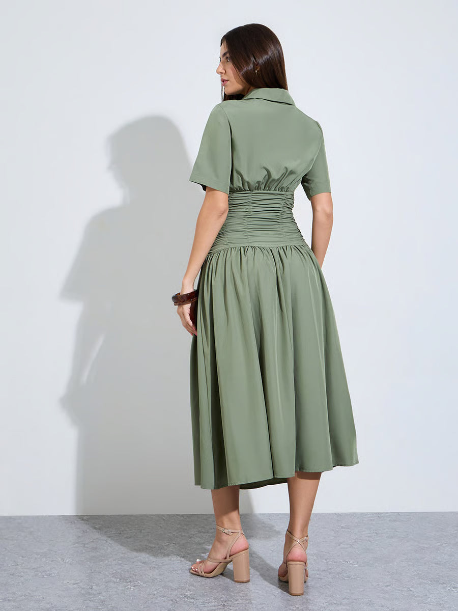 Green Gathered Casual Shirt Midi Dress