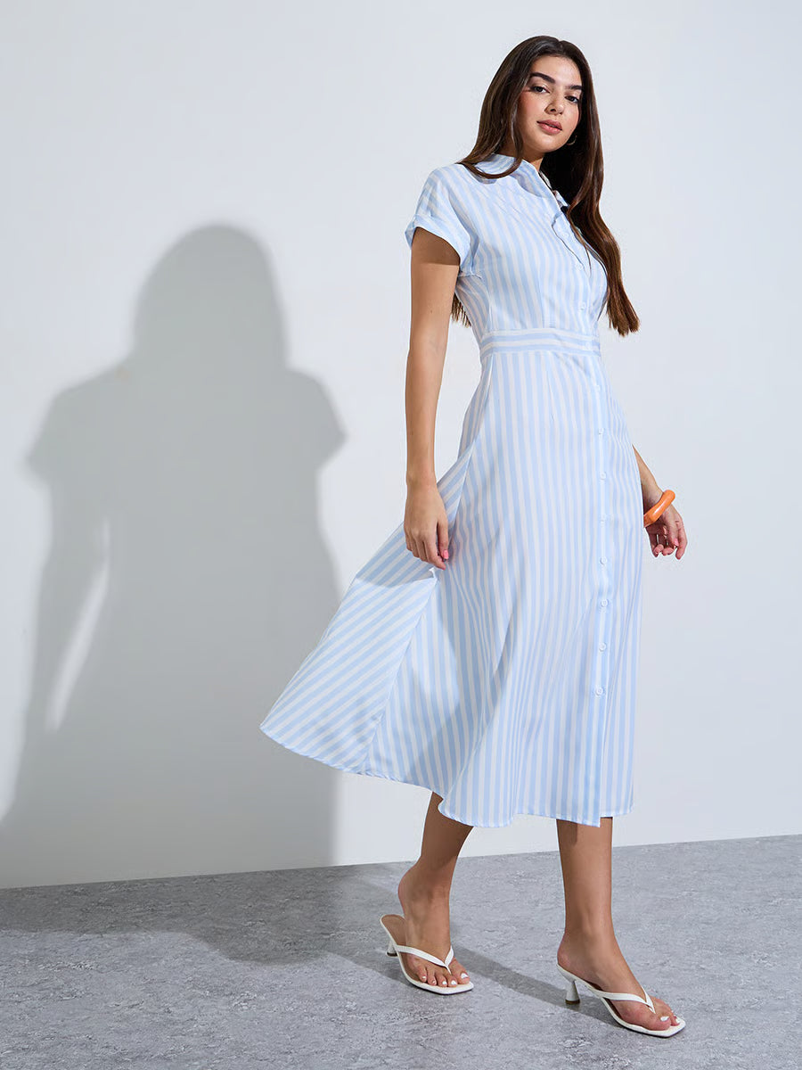 Blue Striped Shirt Midi Dress