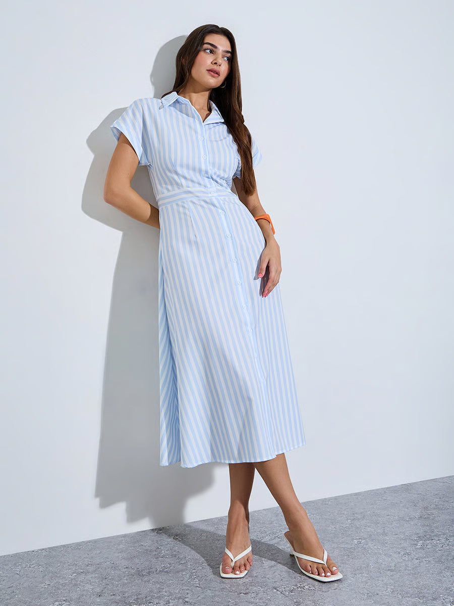 Blue Striped Shirt Midi Dress