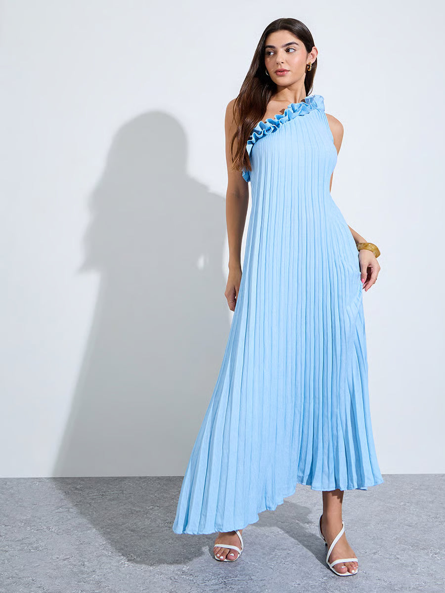 Blue One-Shoulder Pleated Maxi Dress