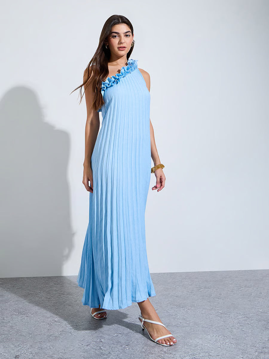 Blue One-Shoulder Pleated Maxi Dress