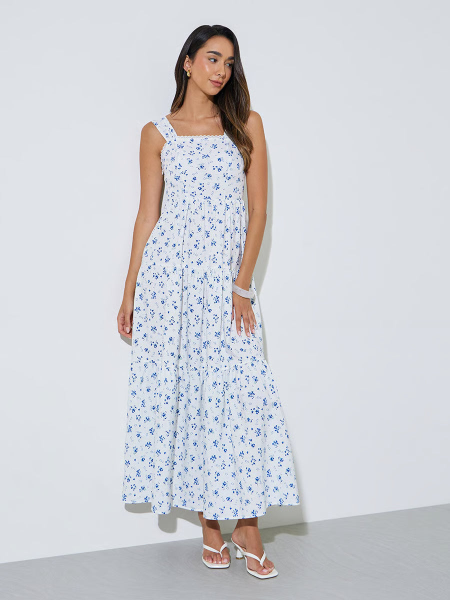 White Ditsy Print Sleeveless Tiered Maxi Dress