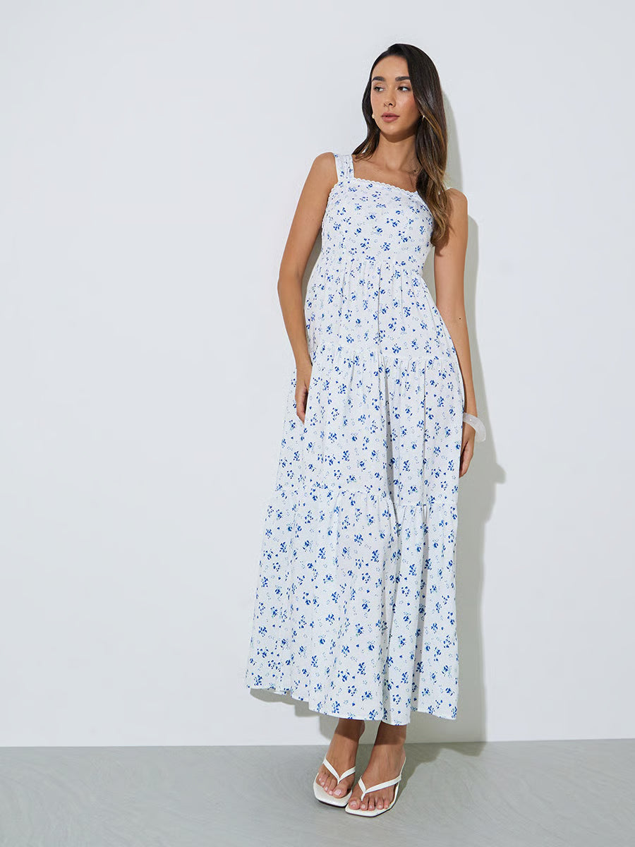 White Ditsy Print Sleeveless Tiered Maxi Dress