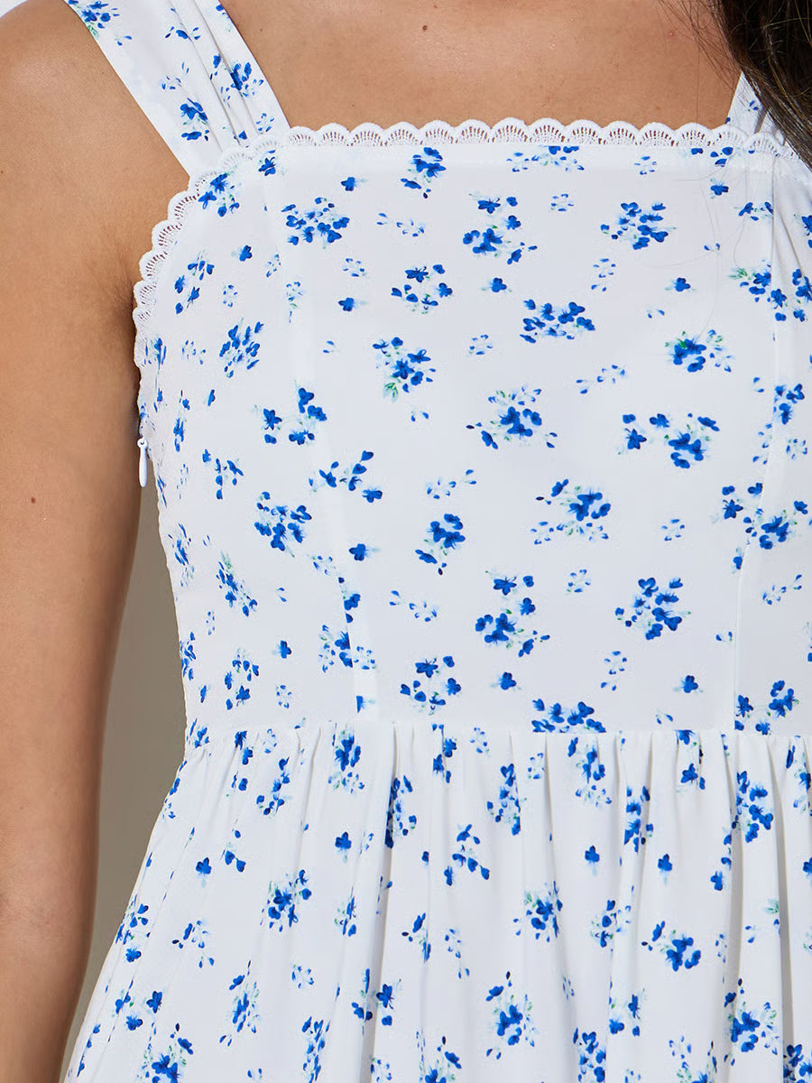 White Ditsy Print Sleeveless Tiered Maxi Dress