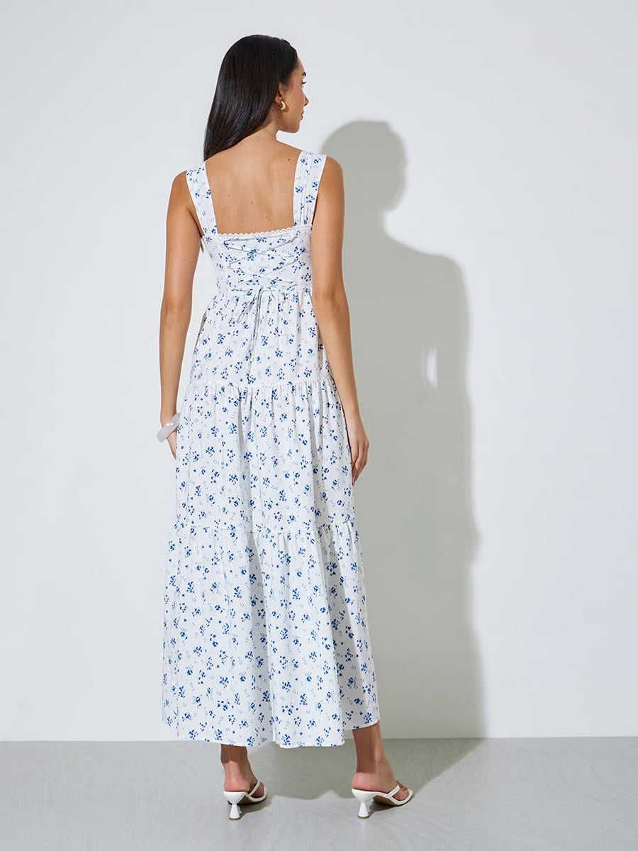 White Ditsy Print Sleeveless Tiered Maxi Dress